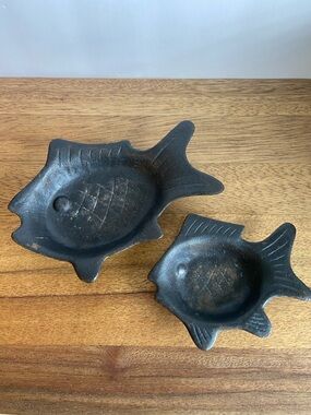 Vintage Cast Iron Fish Dishes Set Japan Black Ashtray Trinket Dish Mid Century